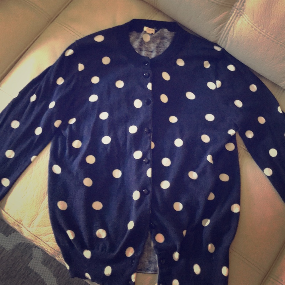J.Crew Navy and White Pok-a-dot cardigan sweater